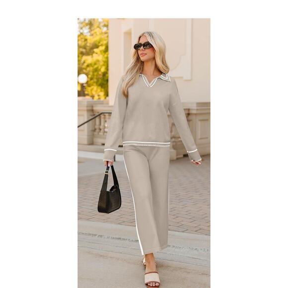 ZESICA Women's 2 Piece Fall Outfit Long Sleeve V Neck Knit Sweater Top & pants - Picture 1 of 13